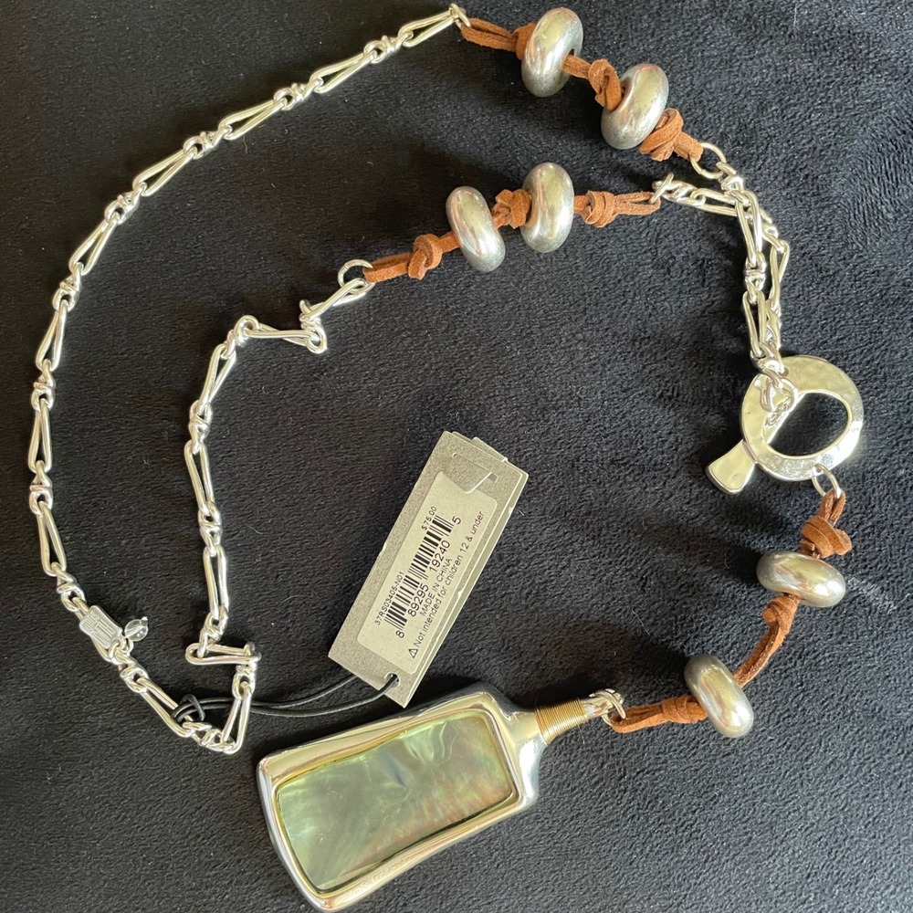 RLM Soho Silver Tone Pendant‎ Necklace MOP Iridescent beaded leathered 19"